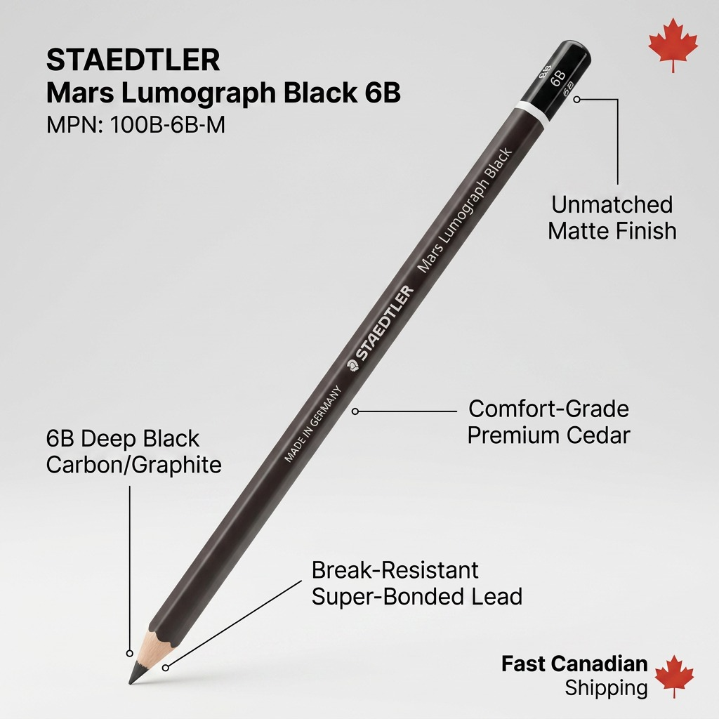 A 3D product view of the STAEDTLER Mars Lumograph Black 6B pencil (MPN: 100B-6B-M) highlighting its performance features with factual text callouts and pointer lines.