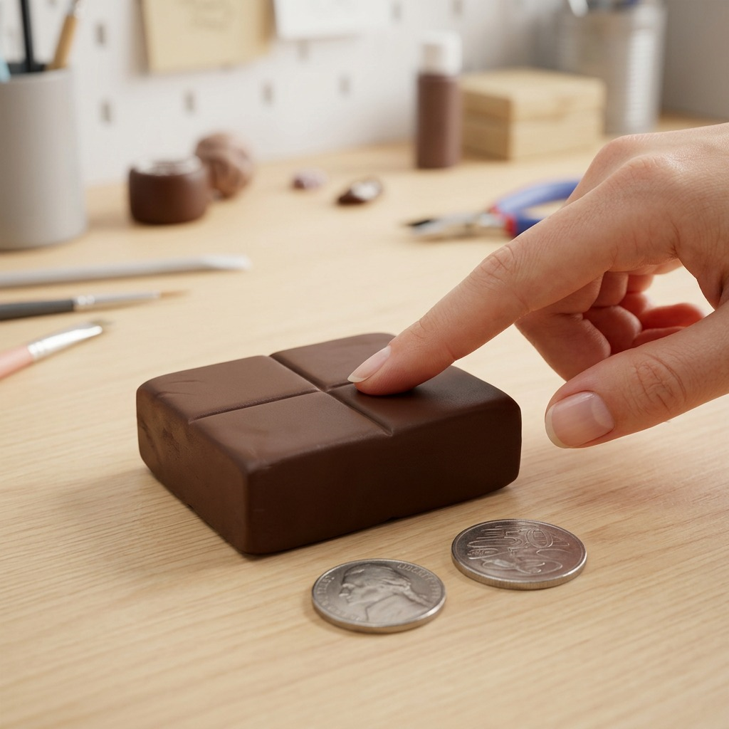 A comparison shot showing the STAEDTLER FIMO Soft Chocolate clay pack next to a US nickel.