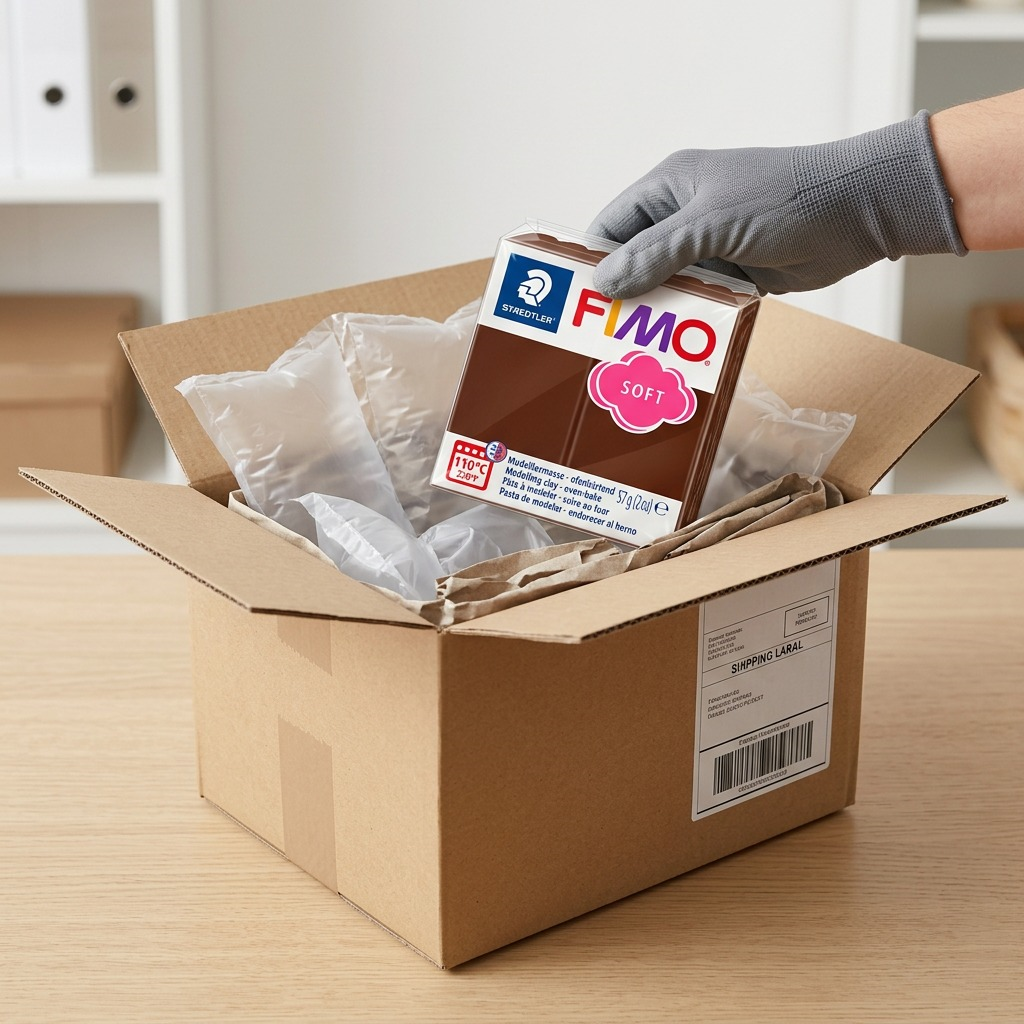 An unboxing scene shows a block of FIMO Soft clay in its wrapper, lifting from a shipping box with air cushions.