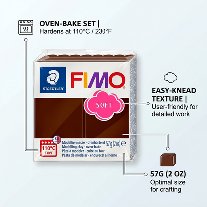 FIMO Soft clay features infographic with callouts for soft texture, oven baking, and standard 57g size.