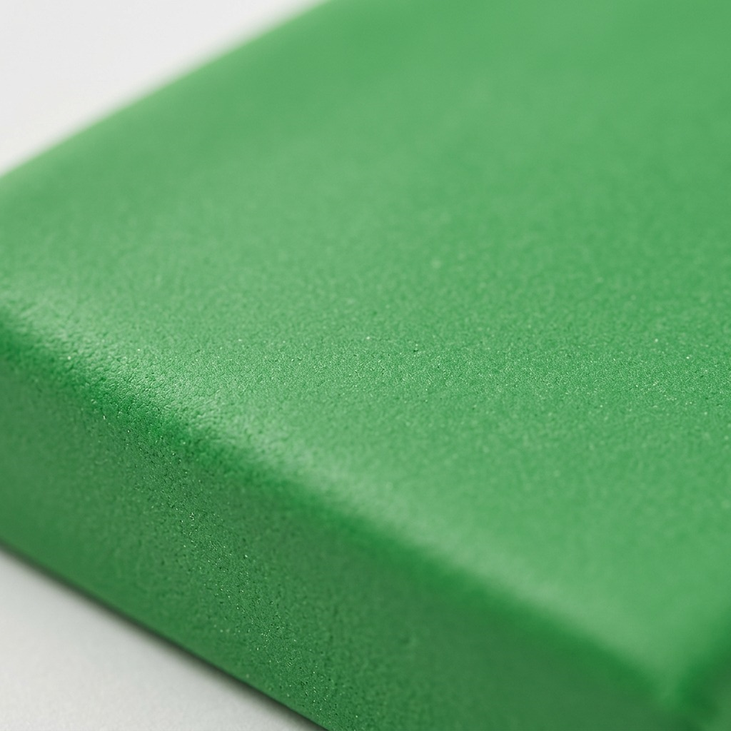 Extreme macro view of the vivid Fimo Soft matte green clay block texture, showing its uniform, fine-grained surface.