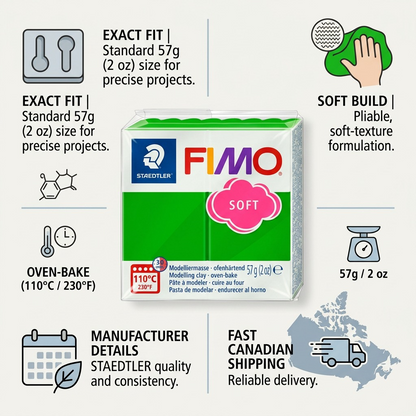 Infographic of STAEDTLER FIMO Soft clay, detailing weight, baking info, and Canadian shipping.