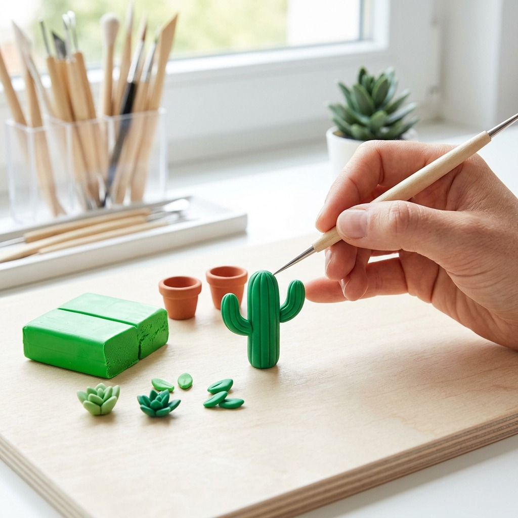 A close-up shot of a small, tropical green Fimo Soft clay sculpture of a tiny cactus in a miniature terracotta pot on a wooden crafting table, alongside sculpting tools.