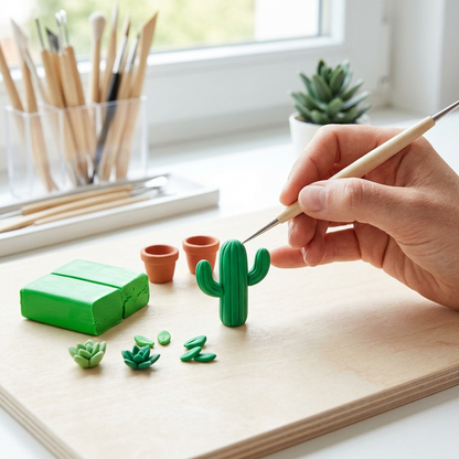 A close-up shot of a small, tropical green Fimo Soft clay sculpture of a tiny cactus in a miniature terracotta pot on a wooden crafting table, alongside sculpting tools.