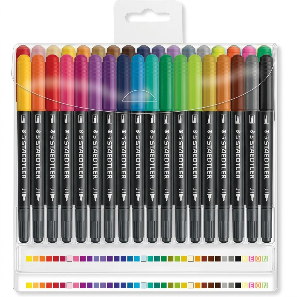 A set of 36 Staedtler double-ended fiber-tip pens in a clear plastic case, centered on a white background.