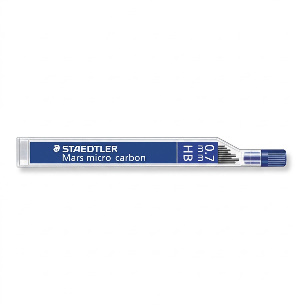 A high-resolution, centered view of a tube of Staedtler 0.7mm HB mechanical pencil leads on a pure white background.