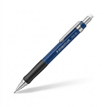 A high-resolution, centered view of the STAEDTLER Graphite 760 0.5 mechanical pencil with blue body and black grip, on a pure white background.