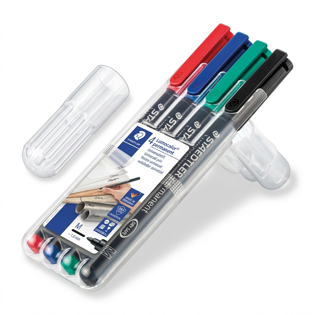 A high-resolution photo of four STAEDTLER permanent markers (red, blue, green, black) in a clear plastic case.