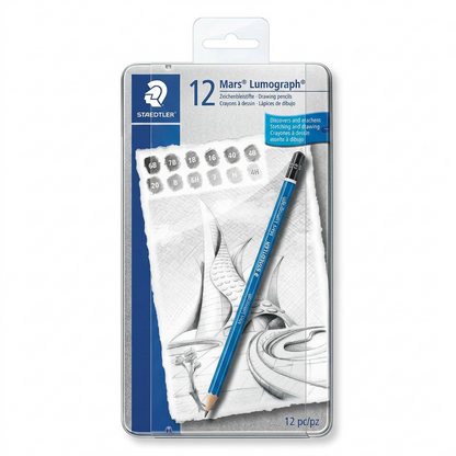 A high-resolution, centered view of the STAEDTLER Mars Lumograph 12drawing pencil tin with one pencil resting on it, on a pure white background.
