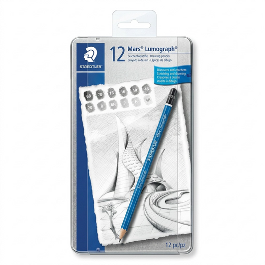 A high-resolution, centered view of the STAEDTLER Mars Lumograph 12drawing pencil tin with one pencil resting on it, on a pure white background.
