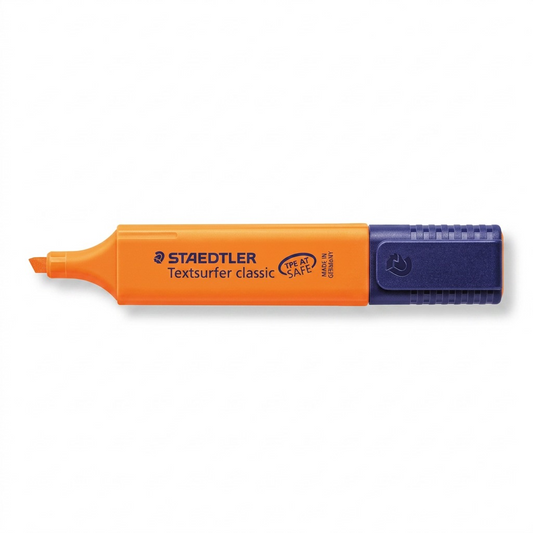 A high-resolution, centered view of the flat Staedtler Textsurfer classic orange highlighter with its cap on, against a pure white background.