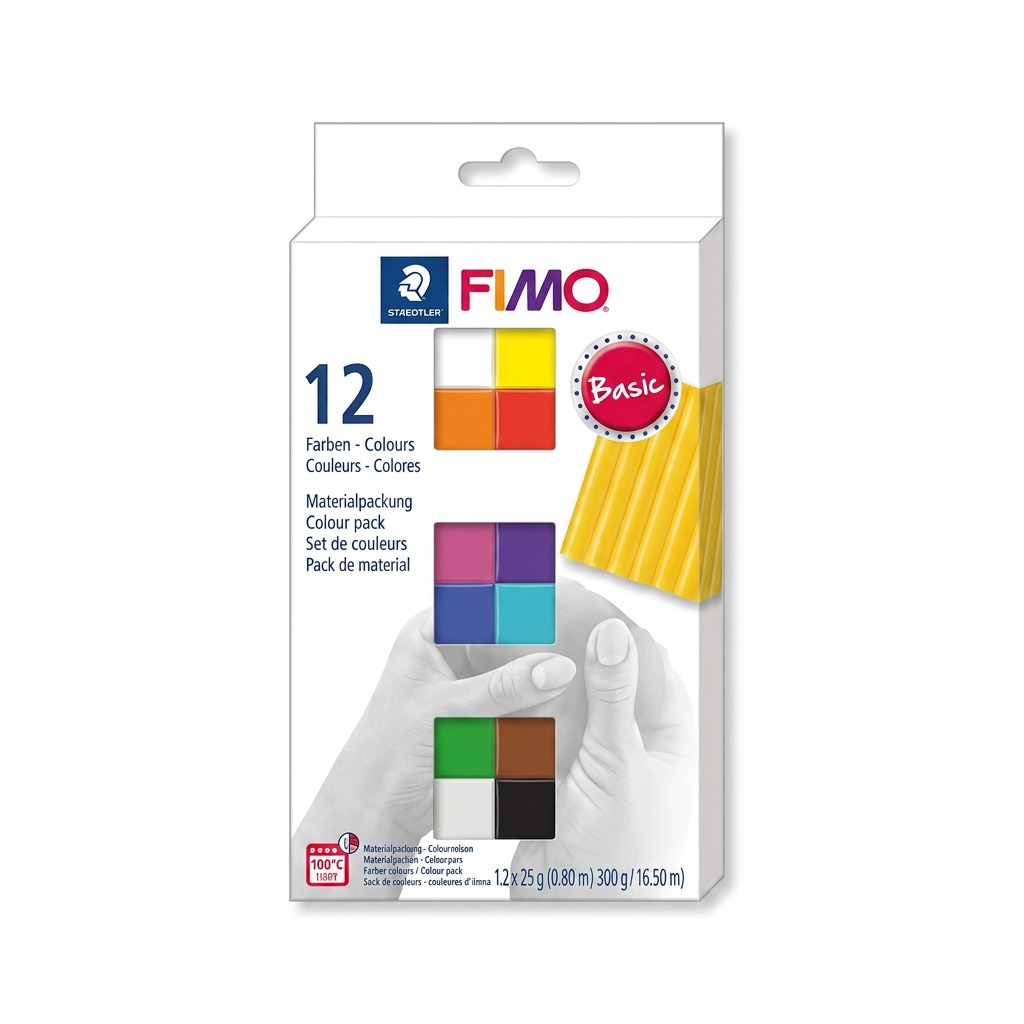 A high-resolution, centered view of the FIMO Soft 12 Essential Colours pack on a pure white background.