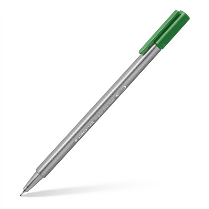 STAEDTLER Triplus 0.3mm fine-liner green marker with a grey triangular barrel and green cap, on white.