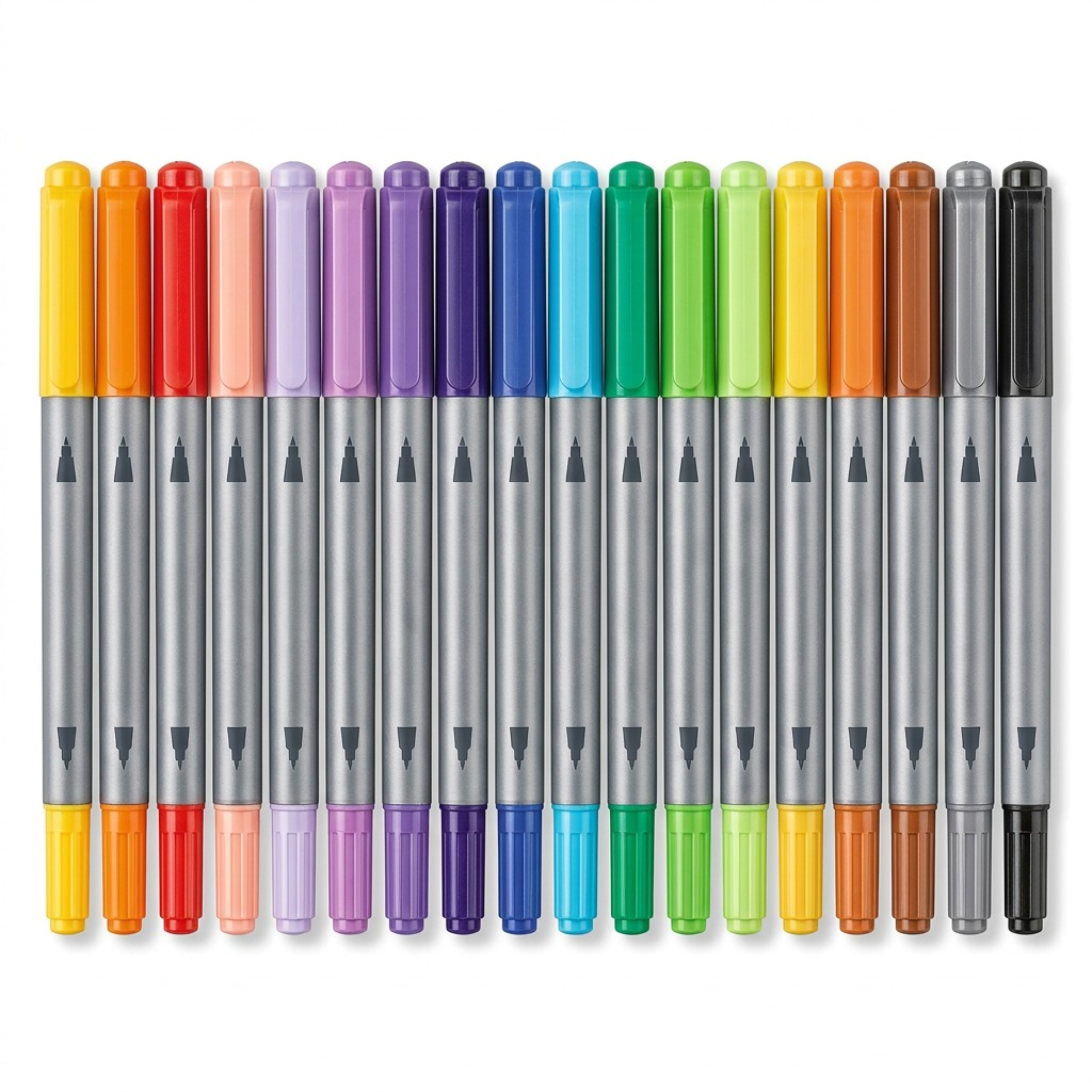 STAEDTLER 18pcs double-ended fibre-tip pens in a row, pure white background visual matrix hero image.