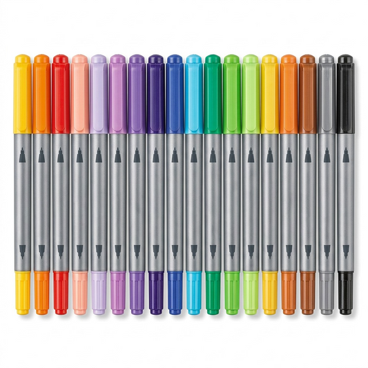 STAEDTLER 18pcs double-ended fibre-tip pens in a row, pure white background visual matrix hero image.