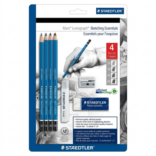 Pure hero shot of the canonical STAEDTLER Mars Lumograph Sketching Essentials set: four pencils, sharpener, and eraser.