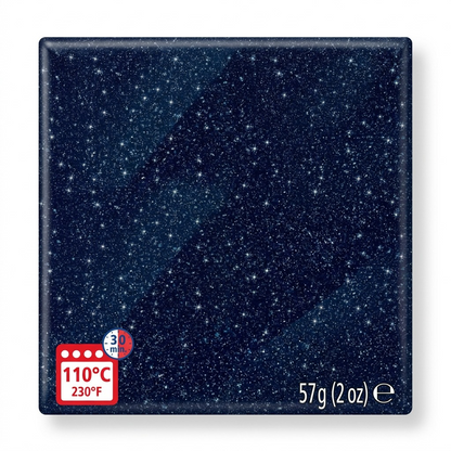 Pure high-resolution hero shot: a single block of glittery dark blue STAEDTLER FIMO Effect clay 57g on a pure white background.