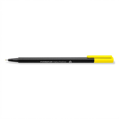 Hero shot of the black and yellow STAEDTLER triplus fineliner, centered on a pure white background.