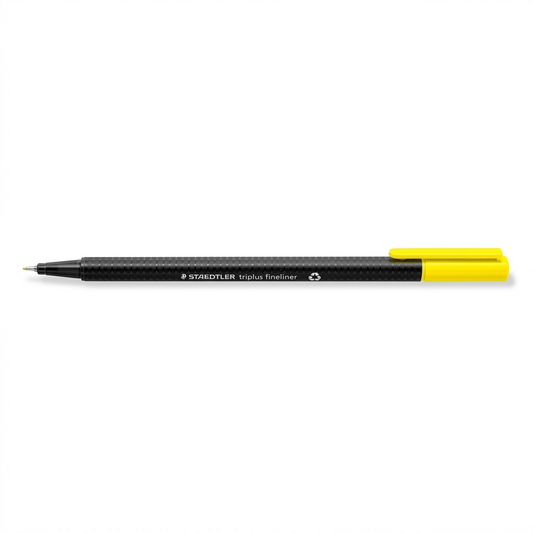 Hero shot of the black and yellow STAEDTLER triplus fineliner, centered on a pure white background.
