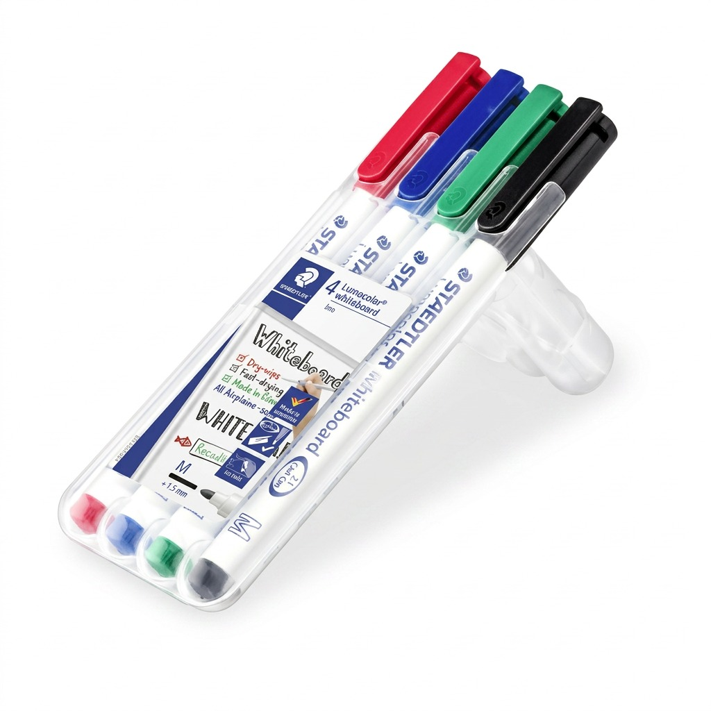 A high-resolution, pure white background hero shot of four STAEDTLER Lumocolor whiteboard markers in a clear plastic wallet, featuring red, blue, green, and black markers as per the canonical product image.