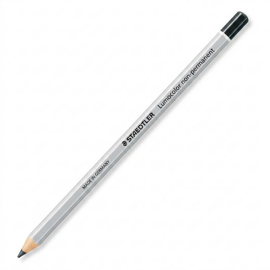 A high-resolution product shot of a Staedtler Lumocolor non-permanent black omniscribe pencil on a pure white background.