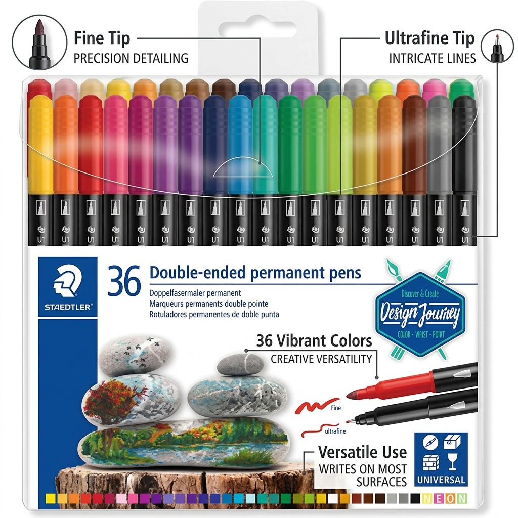 An image showing features of STAEDTLER Double-ended fibre-tip pens: fine/ultrafine tips, 36 colors, and versatile use, with text benefits.