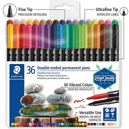 An image showing features of STAEDTLER Double-ended fibre-tip pens: fine/ultrafine tips, 36 colors, and versatile use, with text benefits.