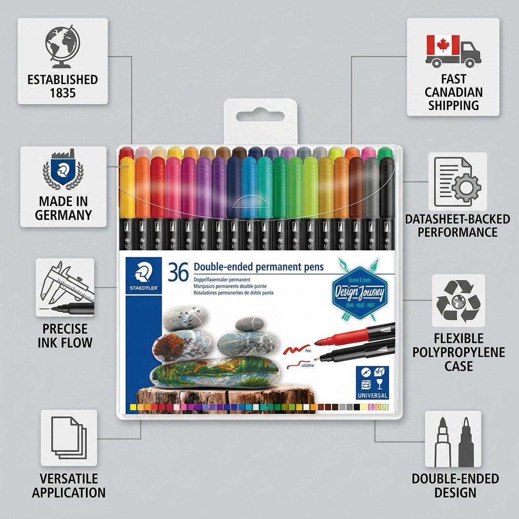 Infographic matrix showing a STAEDTLER Double-ended Permanent Pens pack with factual callouts and Canadian flag.