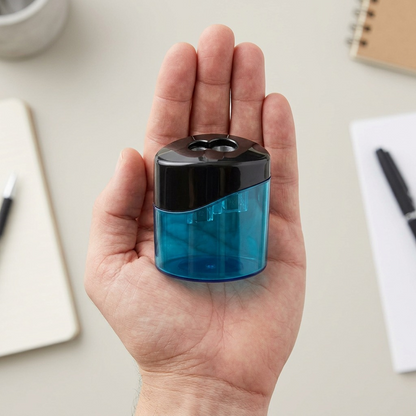 An oval double-hole sharpener with a black top and translucent blue body shown on a hand-holding palm for scale.