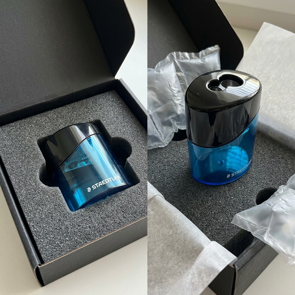 Scene showing the Staedtler oval sharpener unboxed from protective foam and a secure shipping box.