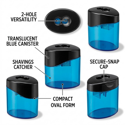 A detailed multi-view visual Matrix highlighting key operational features of the STAEDTLER 512-300SA6 oval pencil sharpener.
