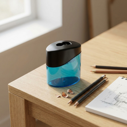 A close-up photograph of the blue and black Staedtler oval sharpener on a wooden desk next to sketches.