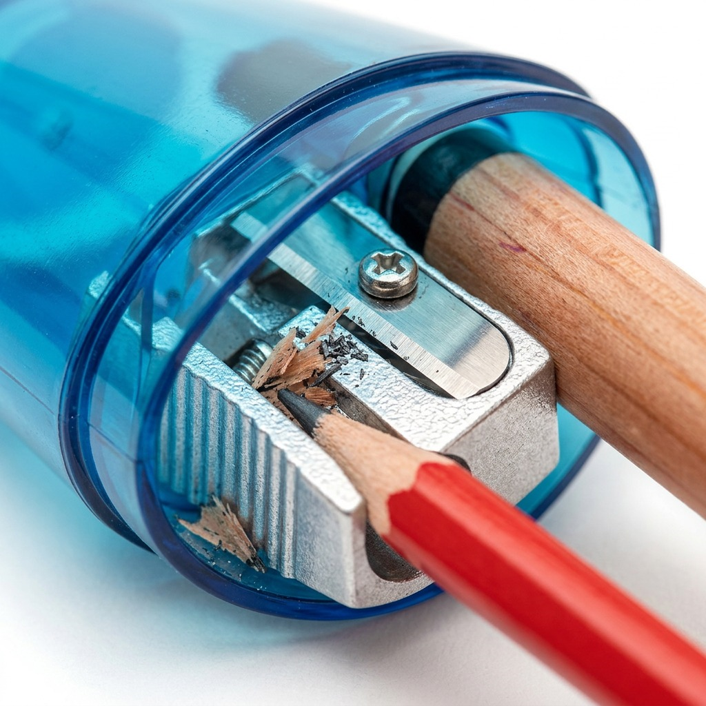 A macro lens captures the two-hole steel sharpener mechanism, its precision blades, and the glossy black cap's interface, with depth of field focused on the metal. Direct, neutral lighting highlights material texture.