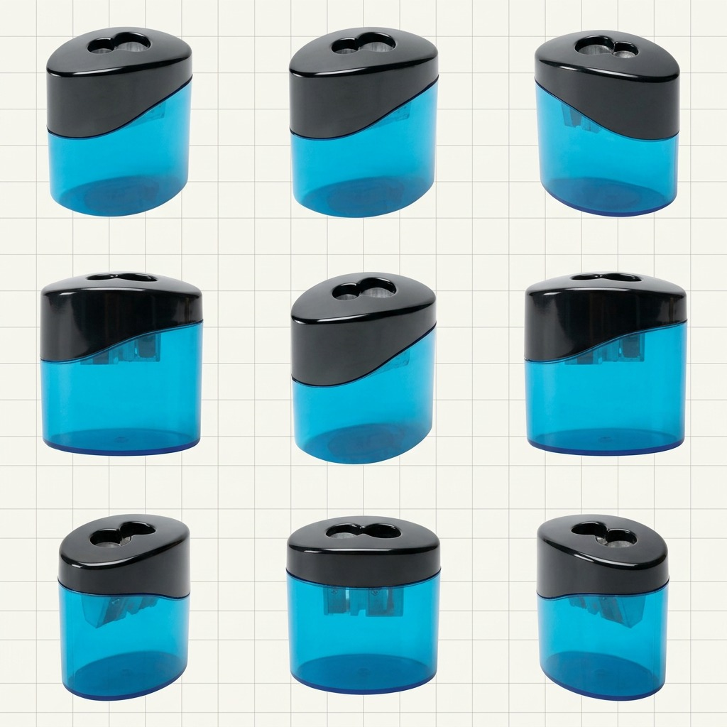 A grid of four images showcasing the blue STAEDTLER two-hole oval pencil sharpener from front, side, angled, and top-down views.