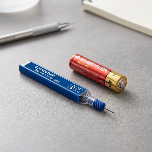 Visual matrix image on grey background showing a tube of Staedtler mechanical pencil leads next to a standard AA battery.