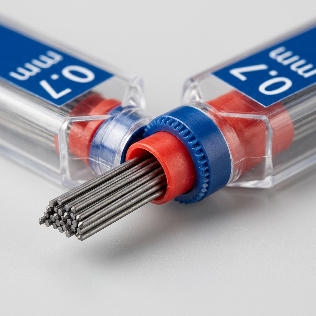 A detailed macro photograph showing the clear cap end of Staedtler 0.7mm HB mechanical pencil leads, focusing on the precisely arranged leads, red guide sleeve, and ribbed blue cap section.