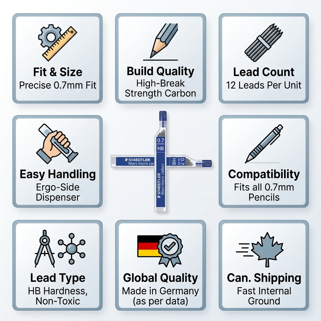 An informative e-commerce matrix graphic for STAEDTLER HB leads, featuring icons and factual cues for specifications like fit, build, lead count, handling, Compatibility, lead type, global quality and availability with fast Canadian shipping.