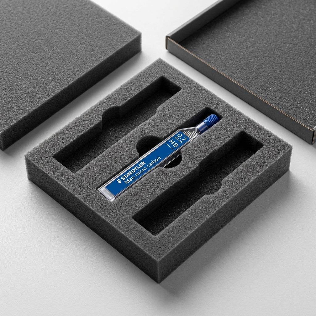 A premium unboxing view, with a single 0.7mm HB lead container nested within protective foam.