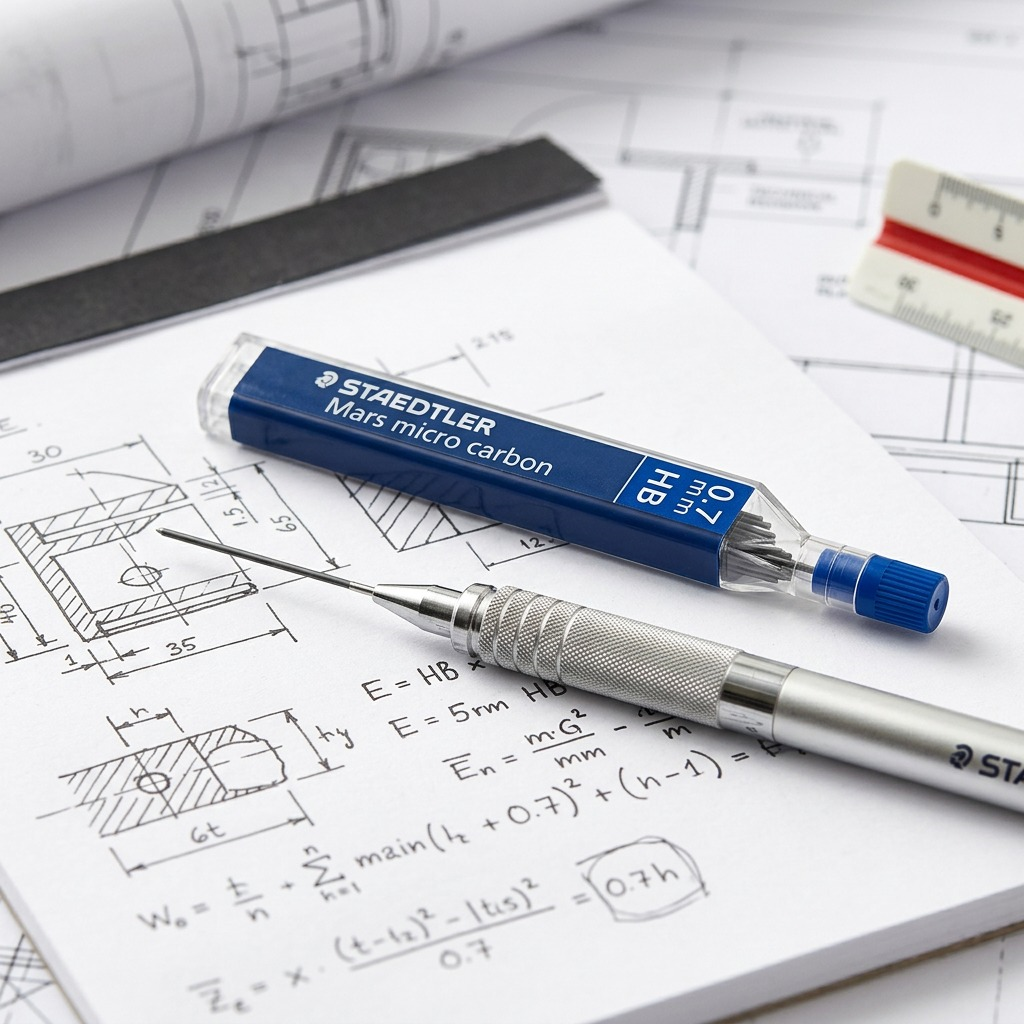 A photo of STAEDTLER Mars micro carbon mechanical pencil leads, 0.7mm HB, resting beside an architect's blueprint and mathematical notes. The blue-capped dispenser is realistically detailed, with subtle reflections on the plastic casing.
