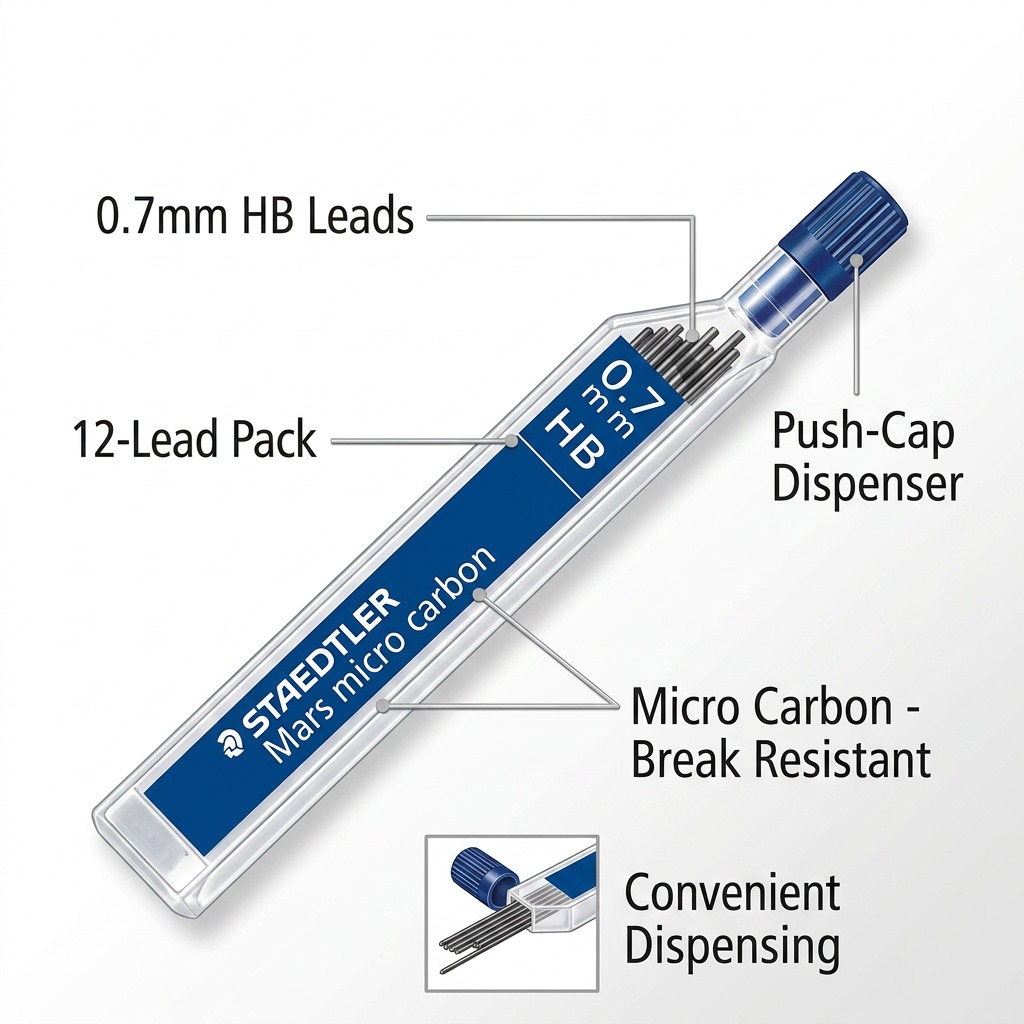 An image showing features of the STAEDTLER Mars micro 0.7mm HB lead, with convenient dispensing and break resistance.