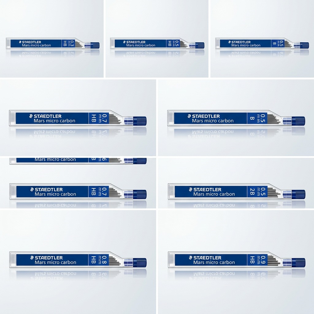 A 3x2 grid showing the STAEDTLER Mars micro carbon lead tubes in six variations: 0.3mm (HB), 0.5mm (HB, B), 0.7mm (HB), and 0.9mm (HB) in light, clean cases.