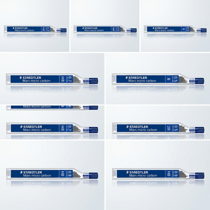 A 3x2 grid showing the STAEDTLER Mars micro carbon lead tubes in six variations: 0.3mm (HB), 0.5mm (HB, B), 0.7mm (HB), and 0.9mm (HB) in light, clean cases.