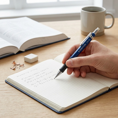 Hand writing in a gridded notebook with a Staedtler 760-05 pencil on a sunny wooden desk, realistic props.
