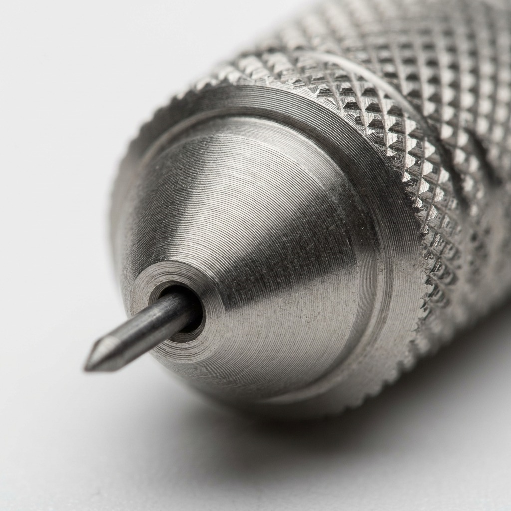 This severe macro close-up of the metal pencil tip shows the refined knurled texture.