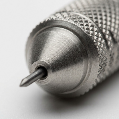 This severe macro close-up of the metal pencil tip shows the refined knurled texture.
