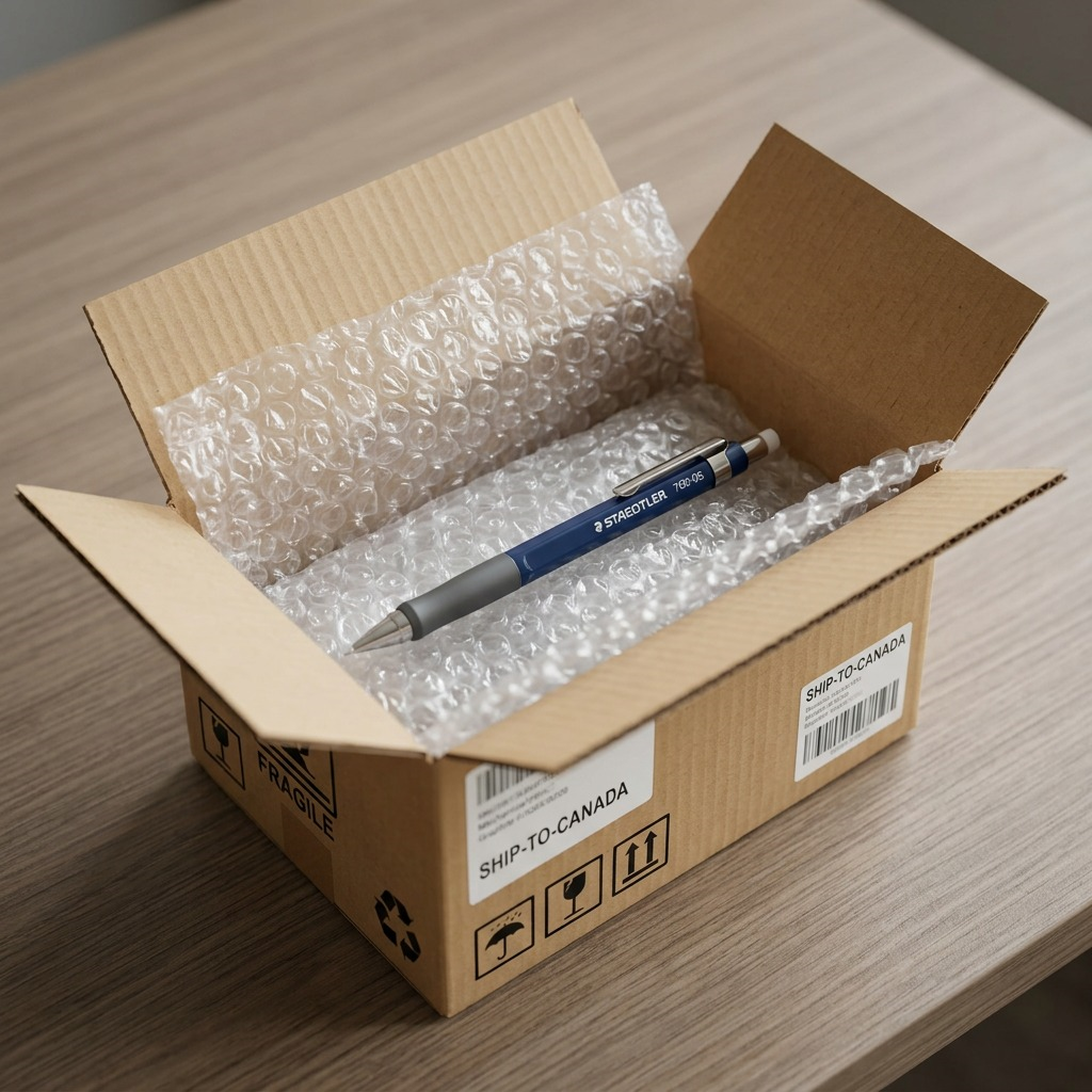 Premium unboxing scene showing a STAEDTLER pencil in a well-padded shipping box with bubble wrap.