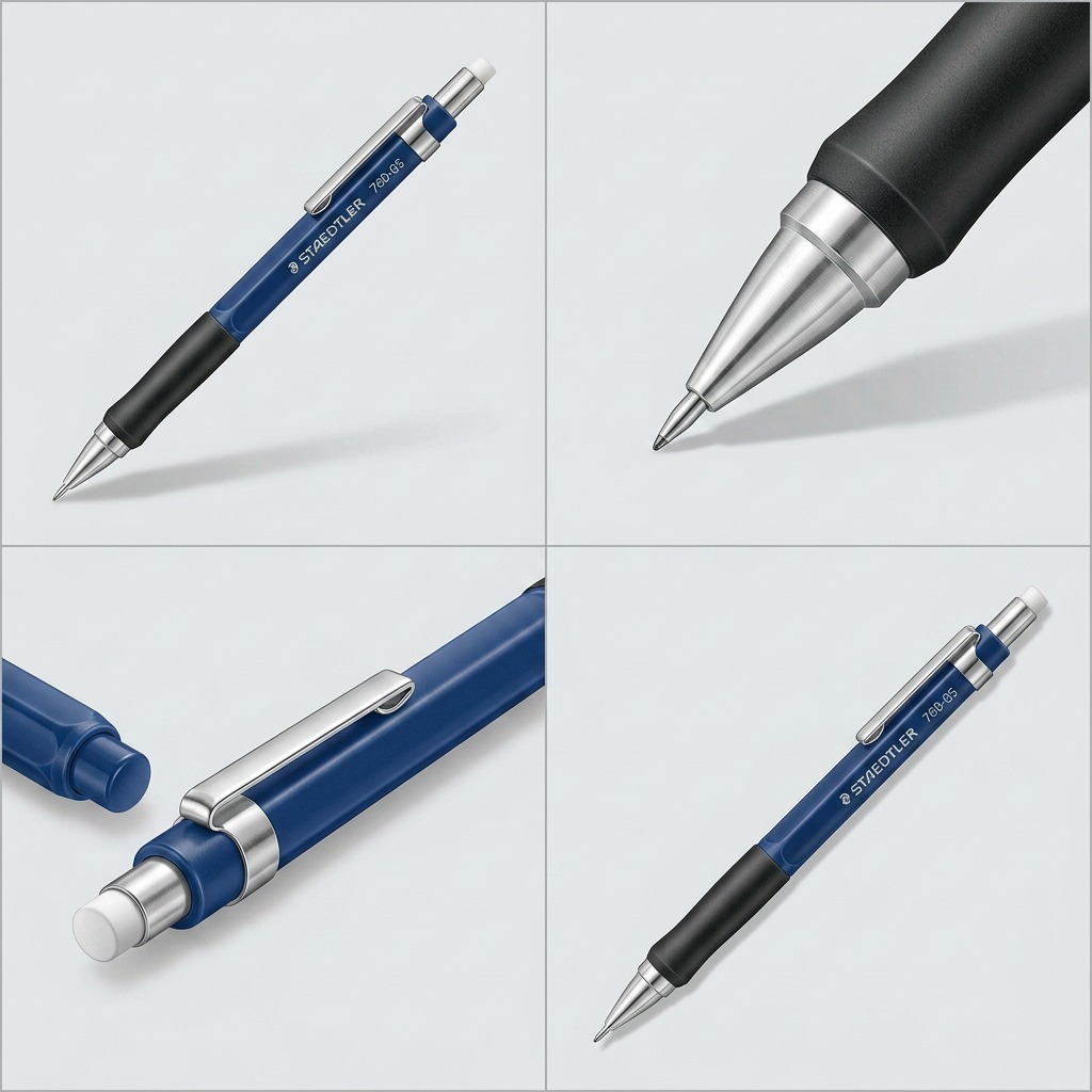 A premium 2x2 grid showing the STAEDTLER pencil from different angles: side view, front tip, rear eraser, and top click mechanism.