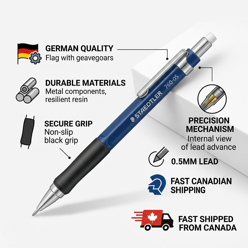 Trust and authority graphic for STAEDTLER pencil 760-05 with product details & Canadian shipping, clean neutral style.