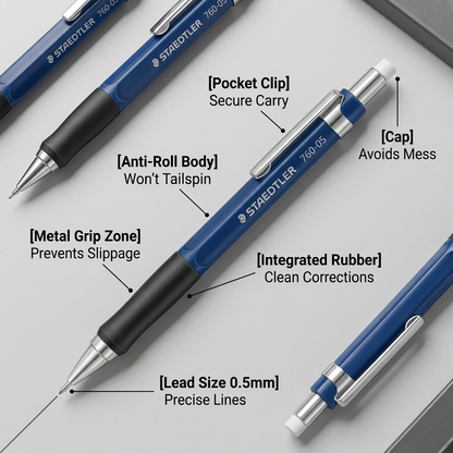 Product feature guide for STAEDTLER 760-05 pencil, highlighting its technical design for user convenience.