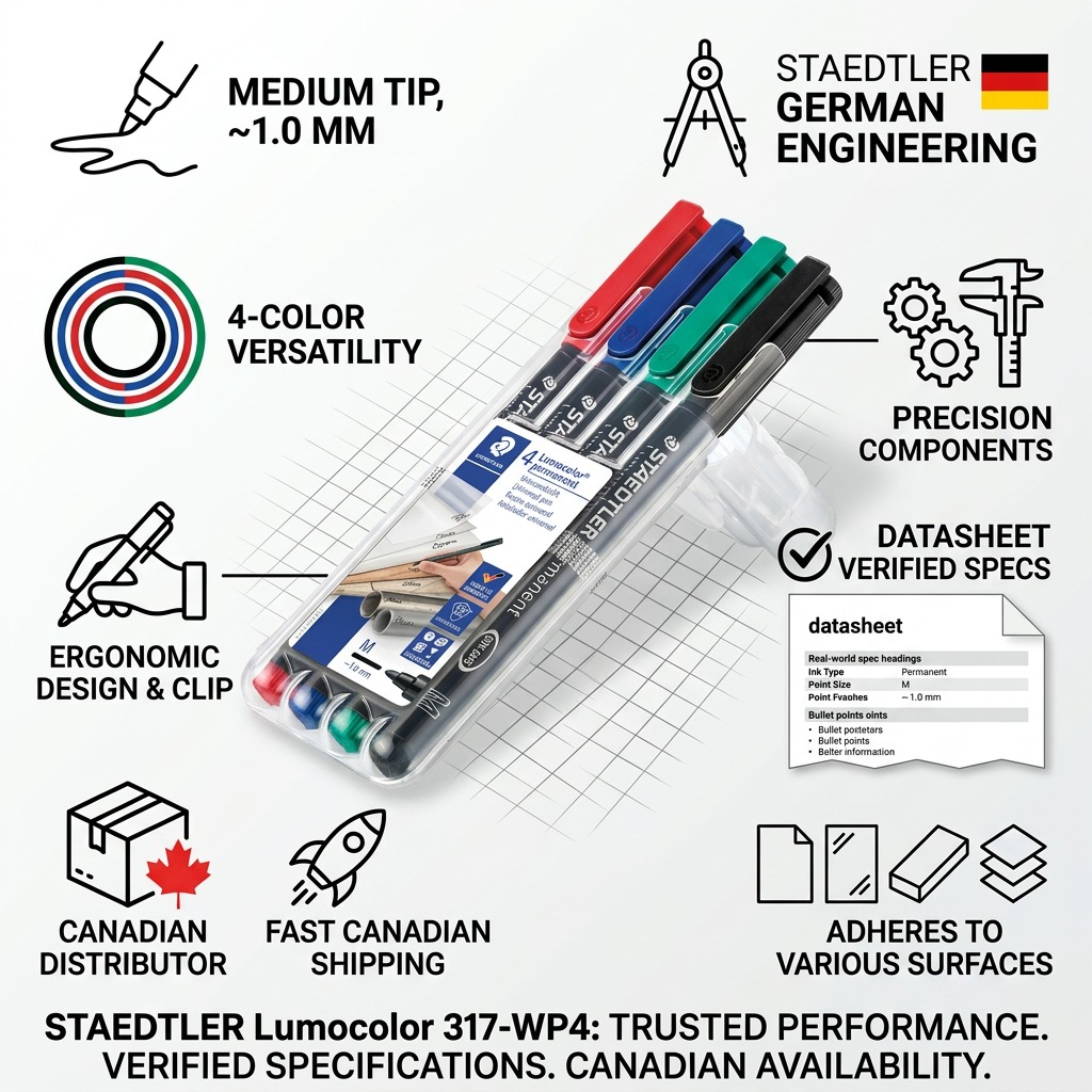 Infographic for STAEDTLER Lumocolor M4 set, highlighting features like Medium point, 4 ink colors, German quality, precise components, comfortable hold, material suitability, and fast Canadian shipping.